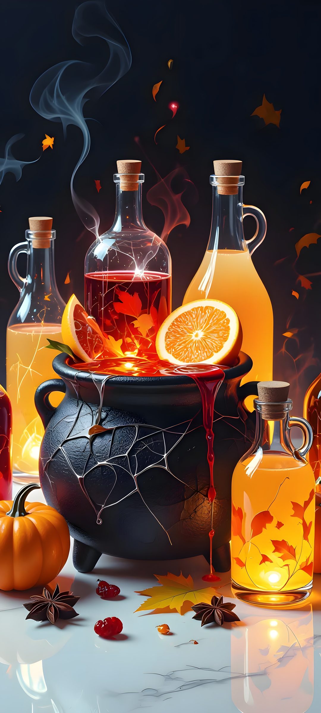 an assortment of bottles with liquid pouring out of them and pumpkins in the background Halloween Potion dark slate gray