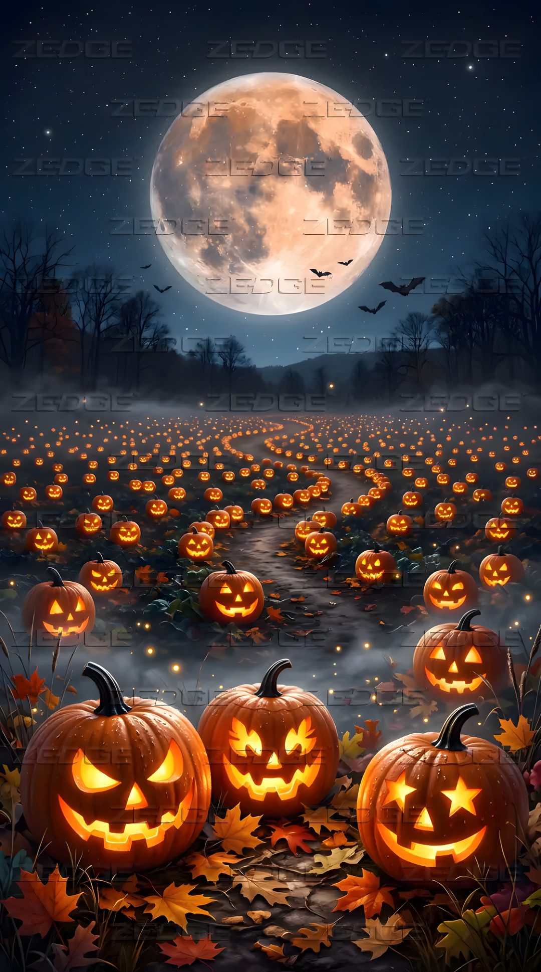 halloween pumpkins on the ground in front of a full moon Halloween Hd Free dark slate gray