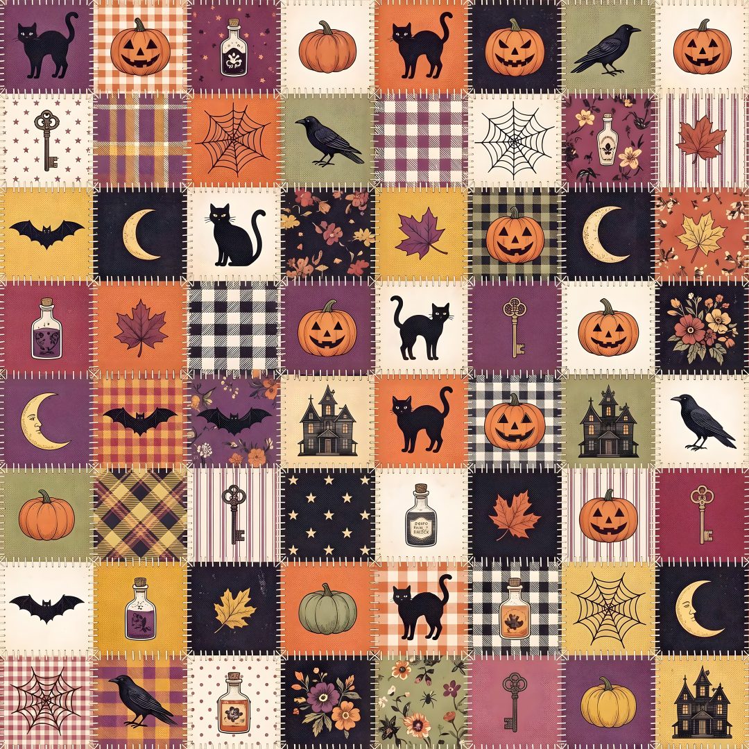 a patchwork pattern with pumpkins, cats and bats Halloween Squares Custom indian red