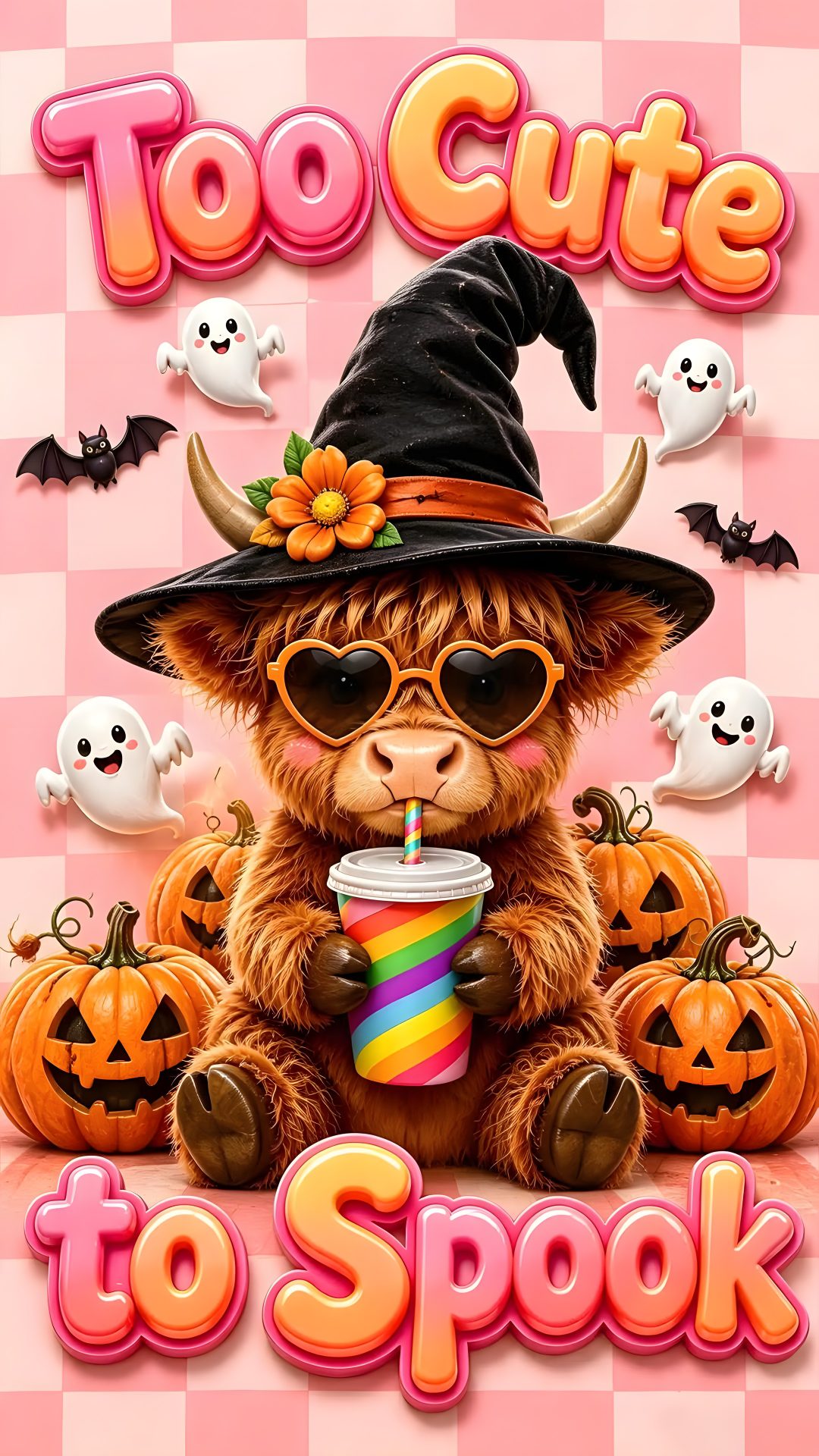 a teddy bear with sunglasses and a drink in front of pumpkins on a checkered background Cute Funny Halloween light salmon