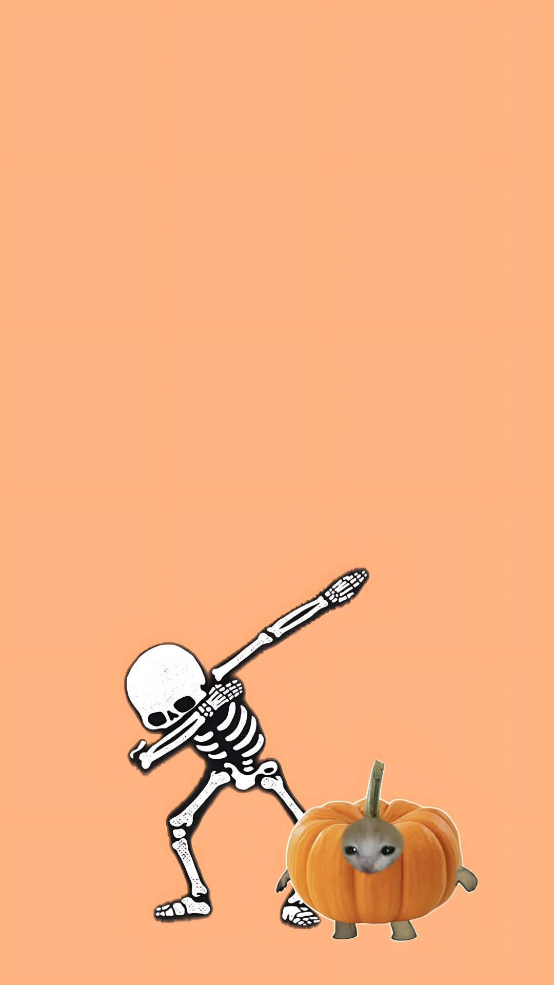 a skeleton holding a baseball bat next to a jack - o'- lantern on an orange background Funny Halloween Iphone light salmon