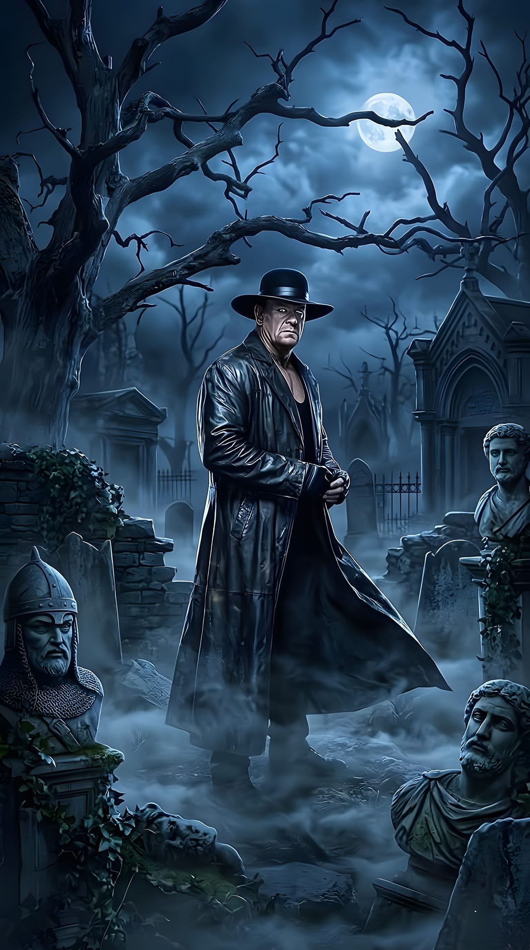 a painting of a man in a hat and trench coat standing next to tombstones Wwe Halloween dark slate gray