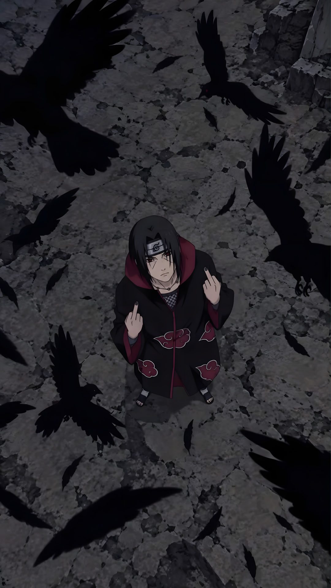 a man standing in the middle of a group of crows Itachi Uchiha Halloween dark slate gray
