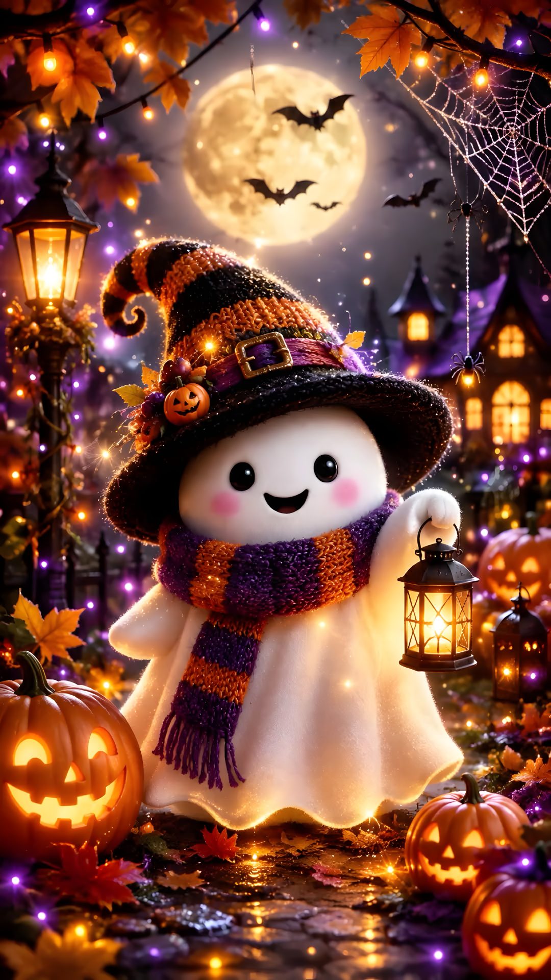 a halloween scene with a snowman wearing a witch's hat and holding a lantern Happy Halloween For Phone saddle brown