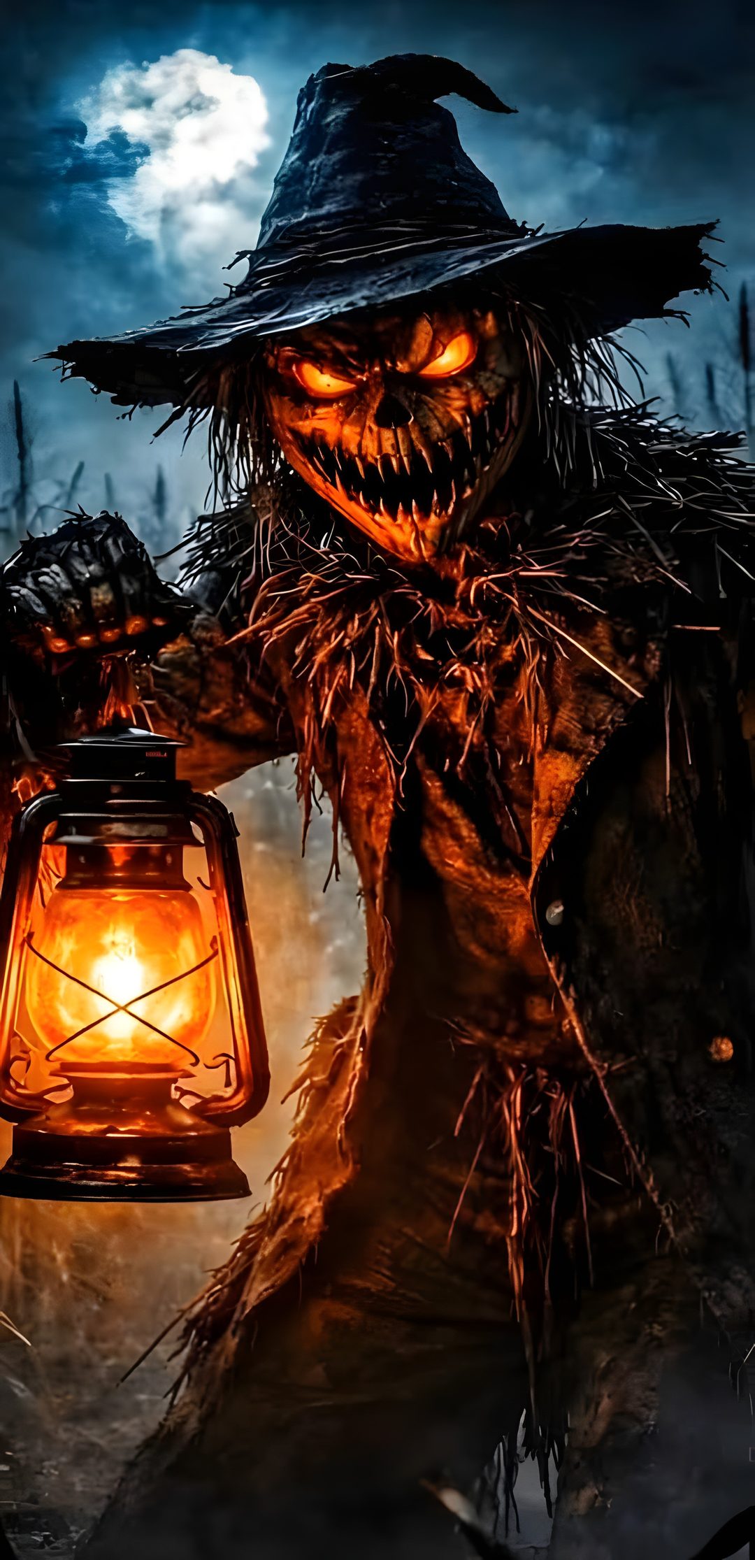 a scarecrow holding a lantern in front of a full moon Ultra Hd Halloween 4k black