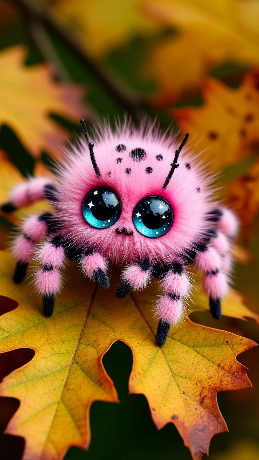 a pink and black spider with blue eyes sitting on top of a yellow maple leaf Cute Halloween Spider saddle brown