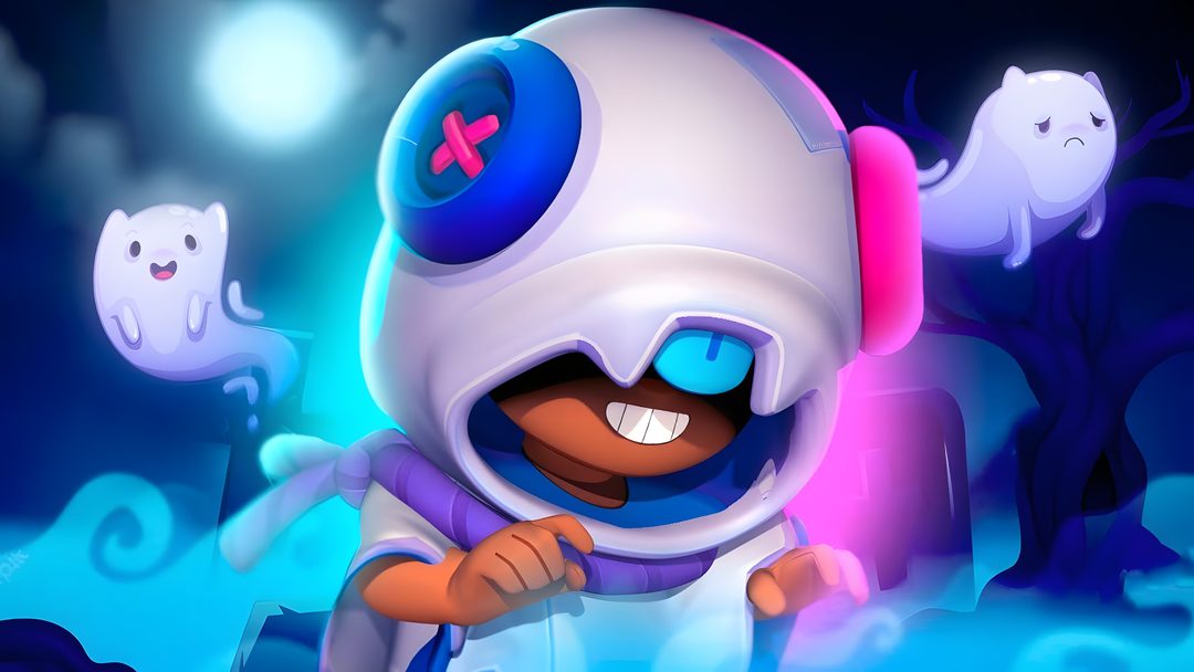 a cartoon character is standing in front of some ghost's and one has blue eyes Brawl Stars Halloween steel blue