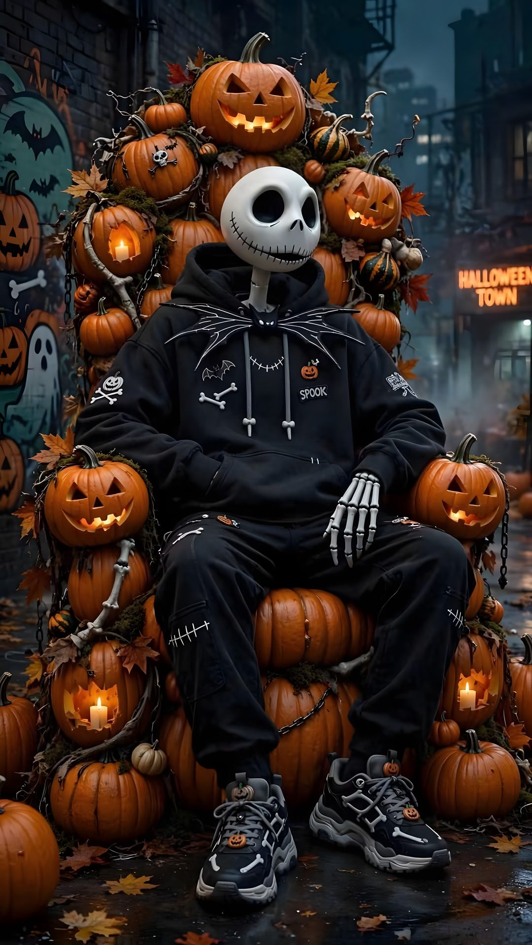 a skeleton sitting on top of a chair surrounded by pumpkins Halloween For Boys black