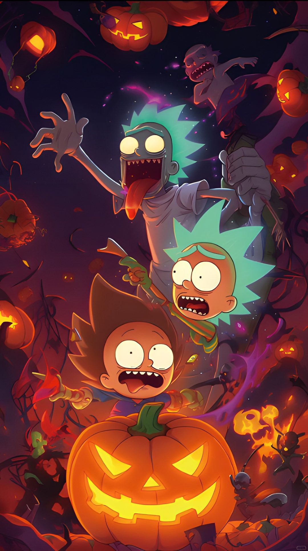 the cartoon characters are all dressed up in halloween costumes, with pumpkins and jack - o'- lanterns Rick And Morty Halloween Halloween Everyday, Halloween, saddle brown
