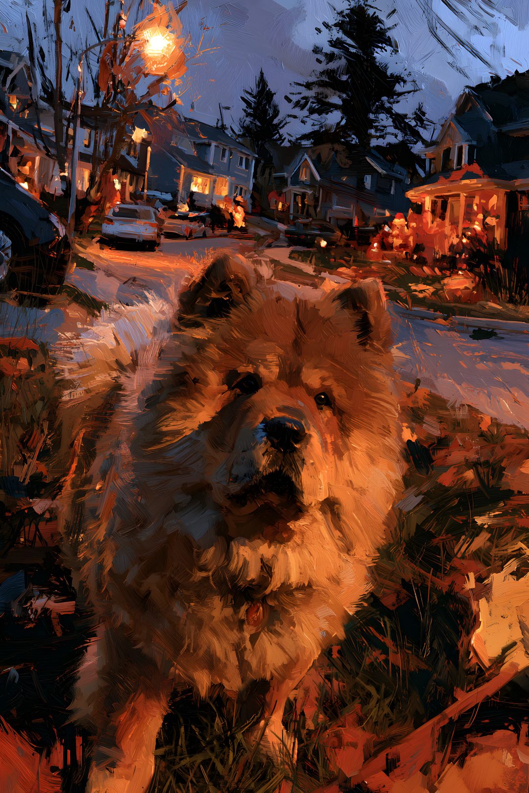 a painting of a dog in the snow Halloween Chow Chow saddle brown