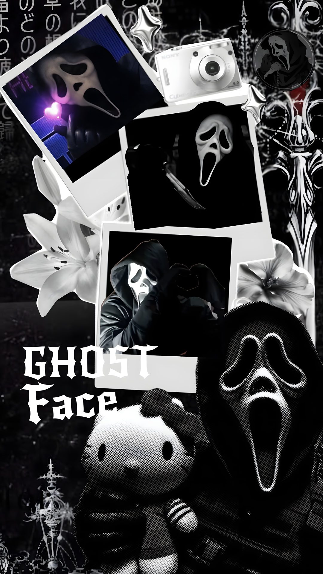 the ghost face is surrounded by photos and other creepy things, including an animal mask Cool Halloween Iphone Ghostface Ghost Face black