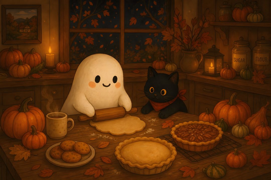 a cat and a ghost are sitting at a table with pumpkins Cozy Halloween Desktop maroon