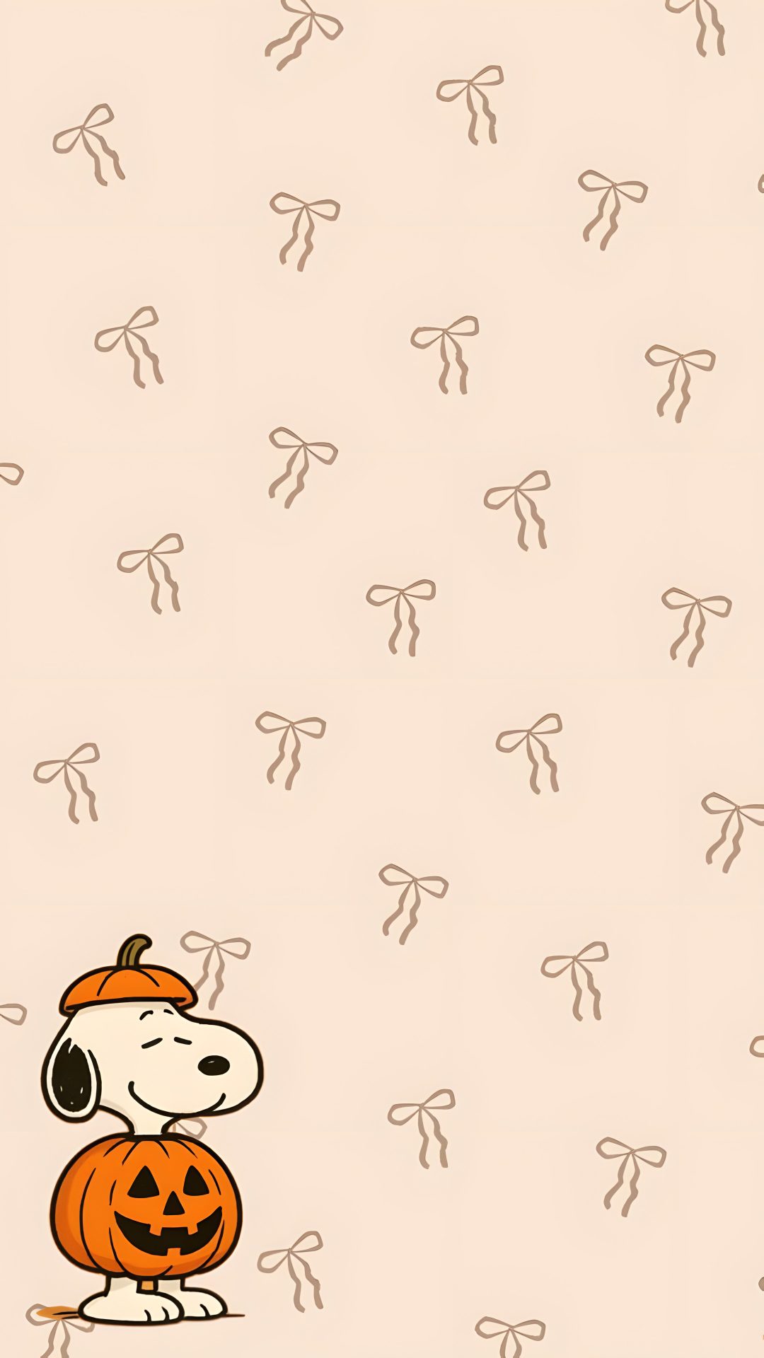 a cartoon dog with a jack - o'- lantern pumpkin on its chest, standing in front of a wallpaper pattern Pinterest Snoopy Halloween antique white