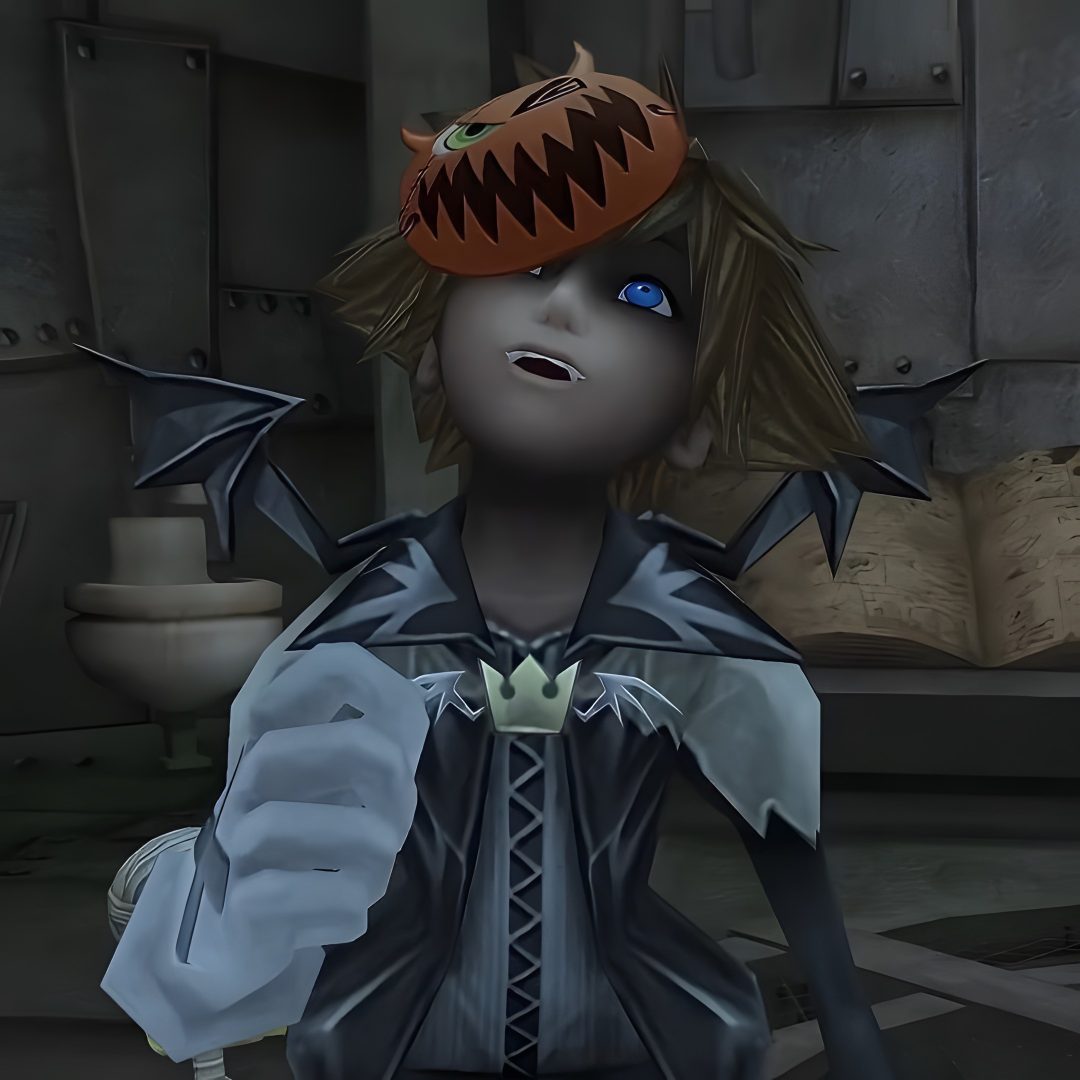 a creepy doll with blue eyes wearing a costume Sora Halloween Town 4k dark slate gray