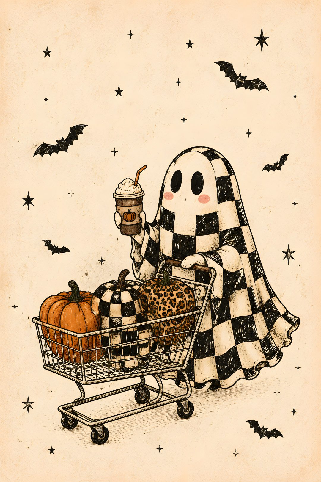 a drawing of a ghost sitting in a shopping cart with pumpkins and an ice cream Cute Halloween For Car Seat bisque