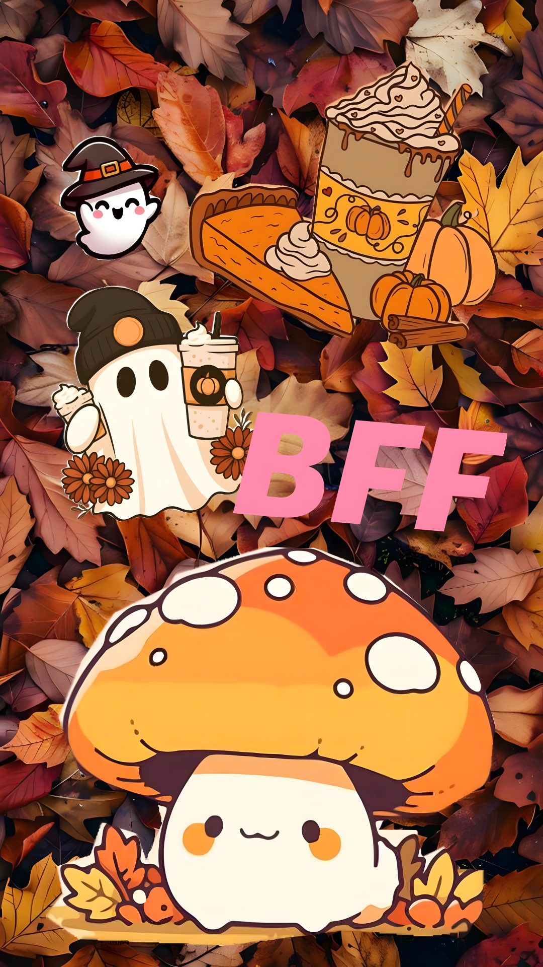 an image of autumn leaves and mushrooms with the words bbf above them on it Cute Halloween Boo Bestie sienna