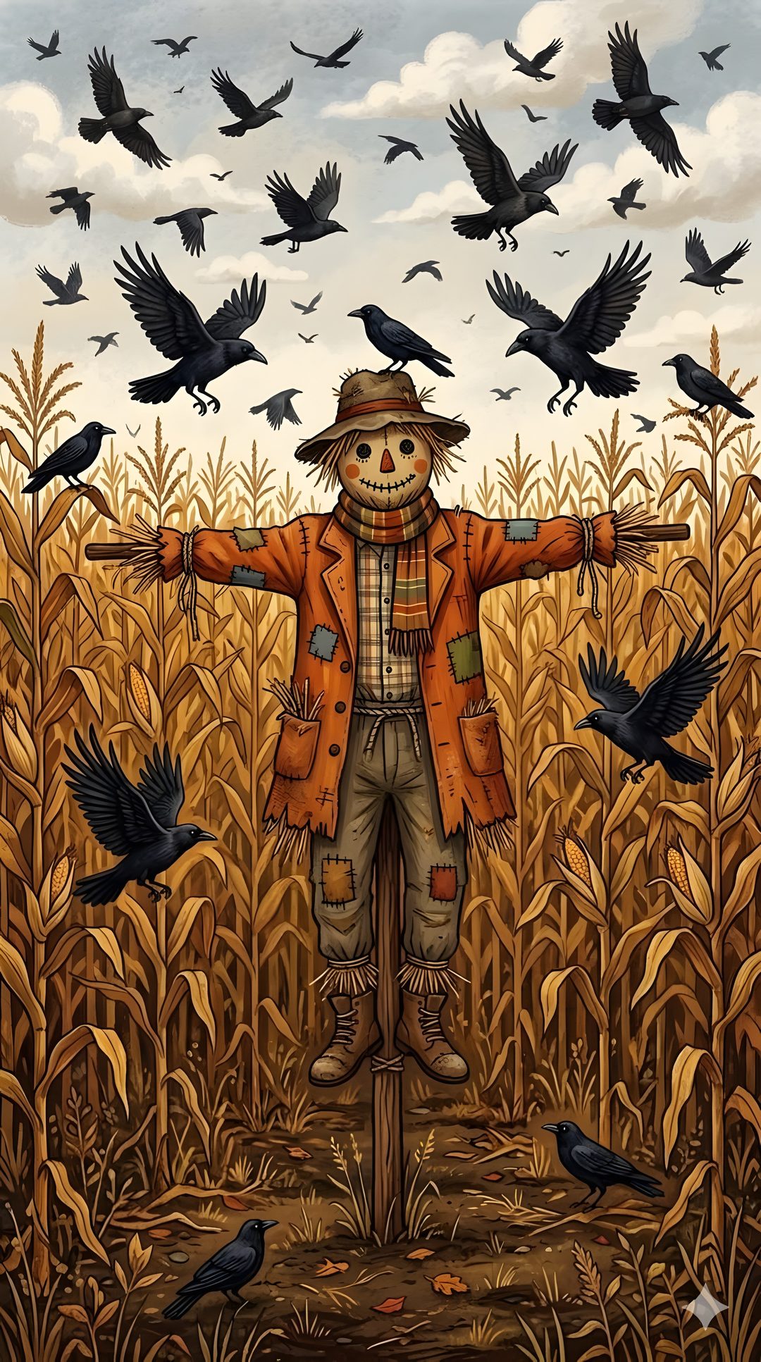 a scarecrow standing in the middle of a cornfield with crows flying around him Halloween Scarecrow Crow Painting, Scarecrow, sienna