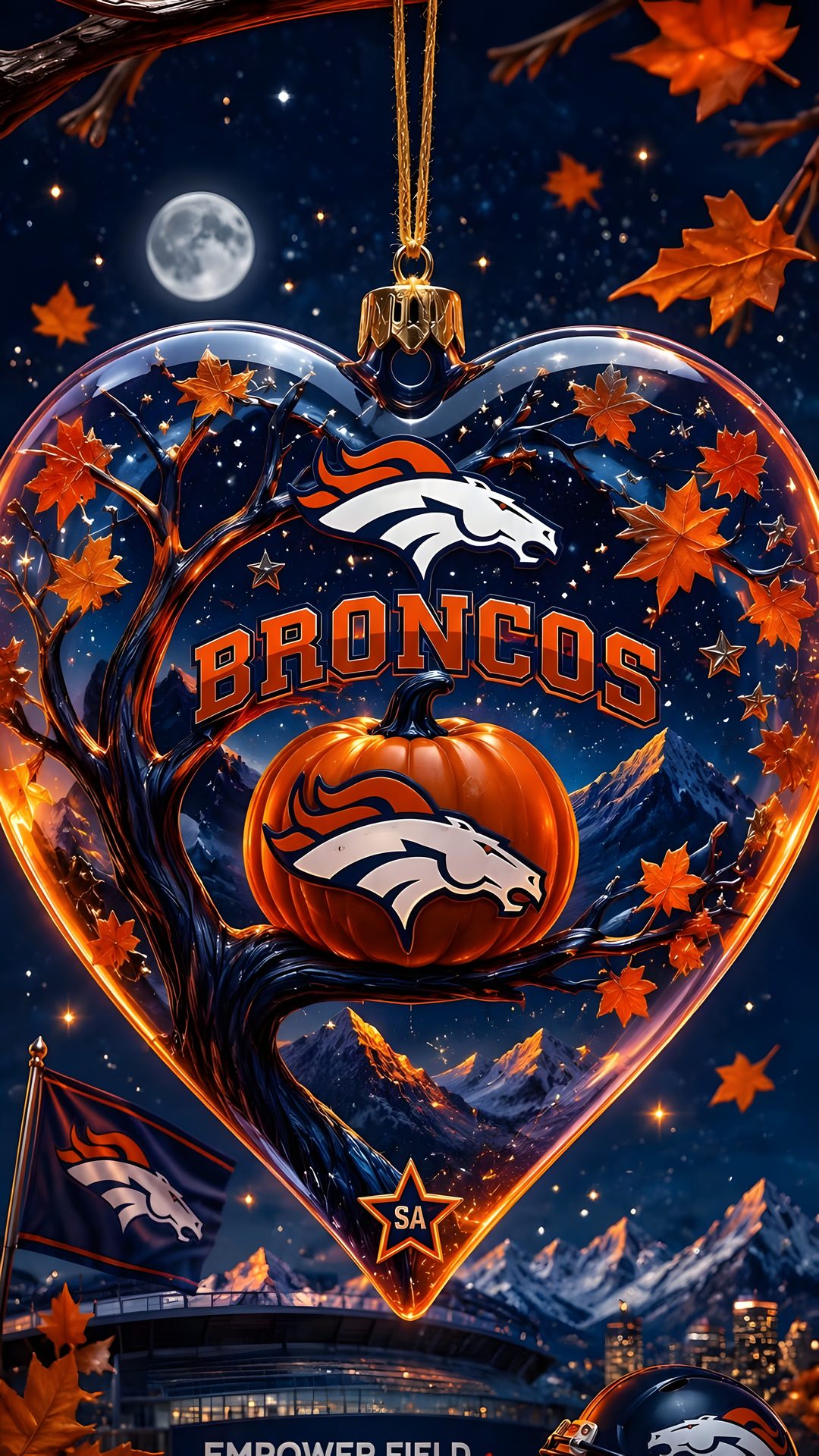 a heart shaped ornament with the denver football team on it and fall leaves Broncos Halloween black