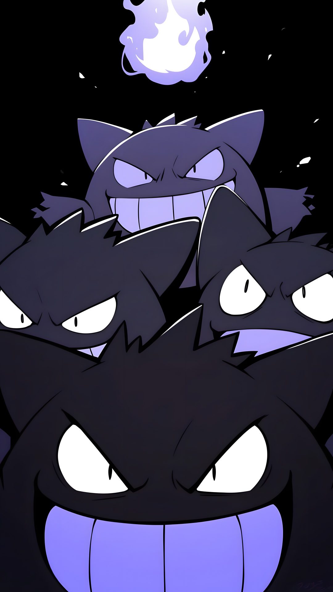 three black cats with glowing eyes and fangs Gengar Halloween black