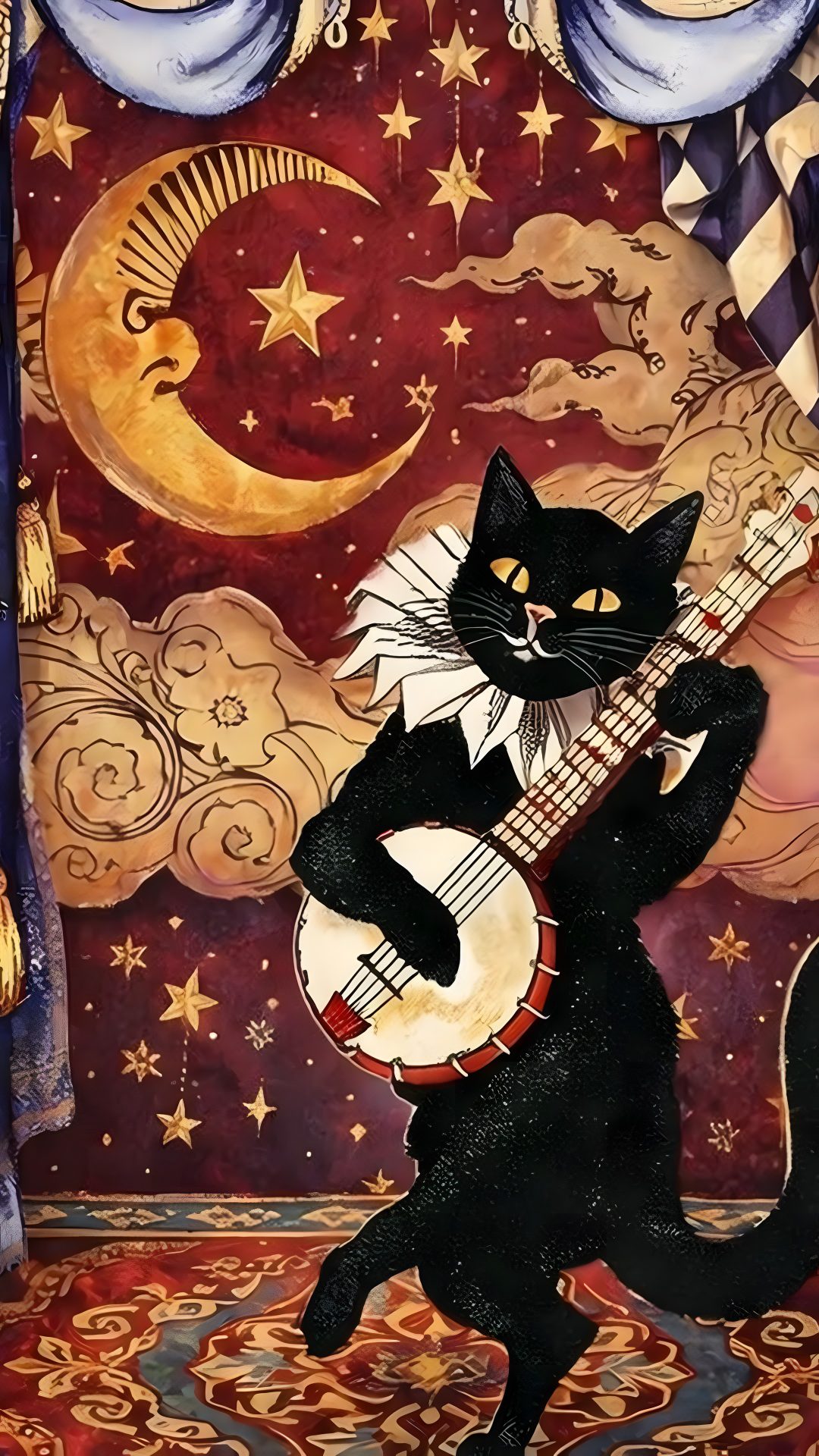 a painting of a black cat playing the ukulele with stars and moon in the background Halloween Cat saddle brown