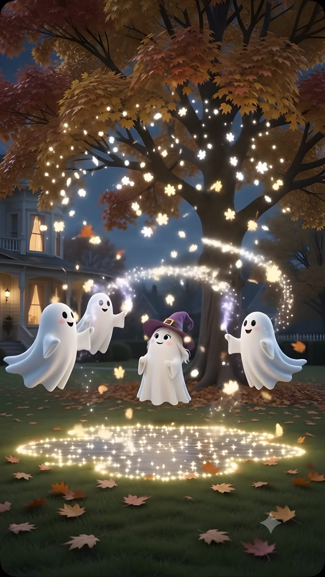three ghostes in front of a tree with lights on it and some leaves around them Halloween Ghost Tree dark slate gray