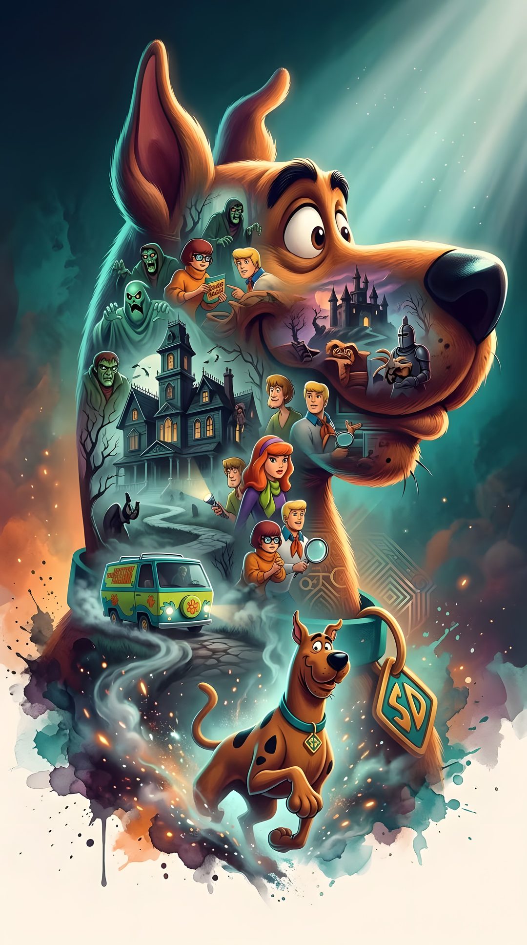 the scooby movie poster is shown with many characters and their names on it Halloween Scooby Doo dim gray