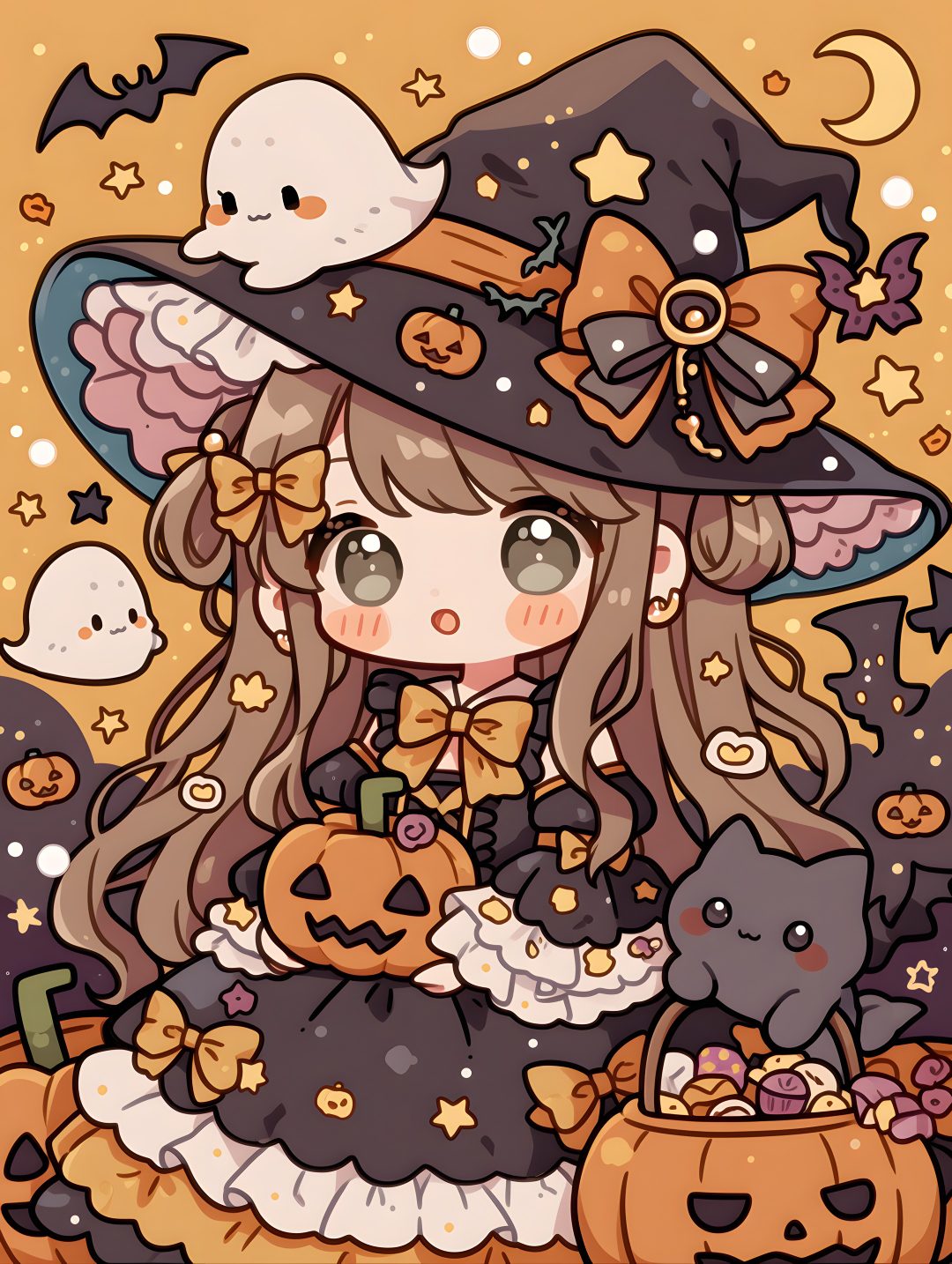 a girl in a witch costume with her cat and pumpkins on the ground, Anime Kawaii Halloween indian red