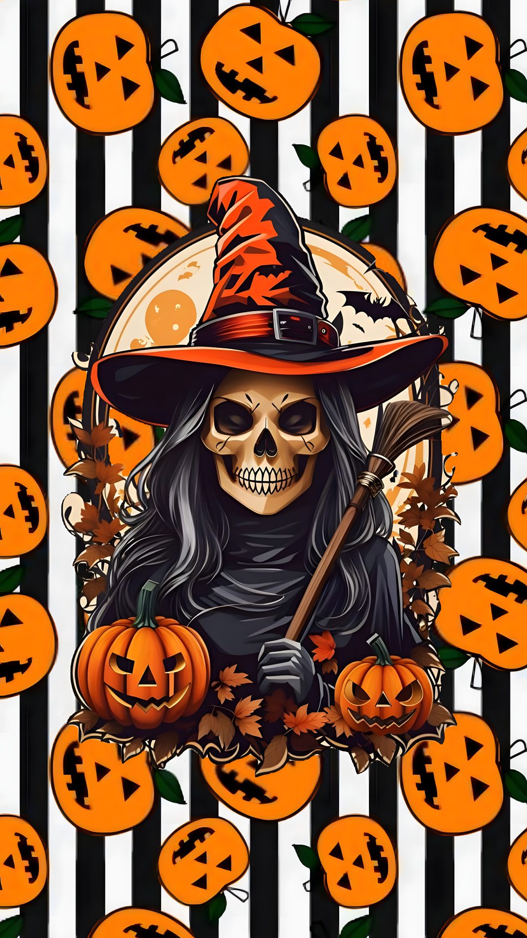 a skeleton wearing a witches hat and holding a broom in front of pumpkins with jack - o'- lanterns Spirit Halloween saddle brown