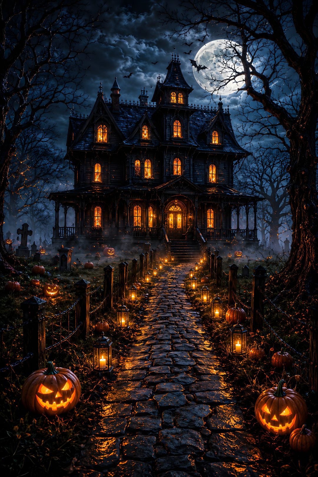 a creepy house with pumpkins on the ground and lights lit up in front of it Halloween Creepy House black