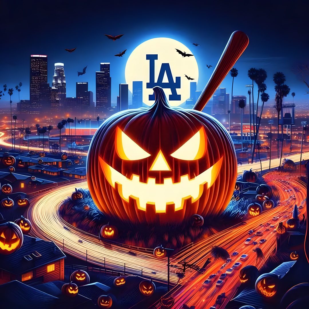 a pumpkin with a baseball bat on top of it in front of a city at night Dodgers Halloween Los Angeles California, Los Angeles, Angel, California, dark slate gray