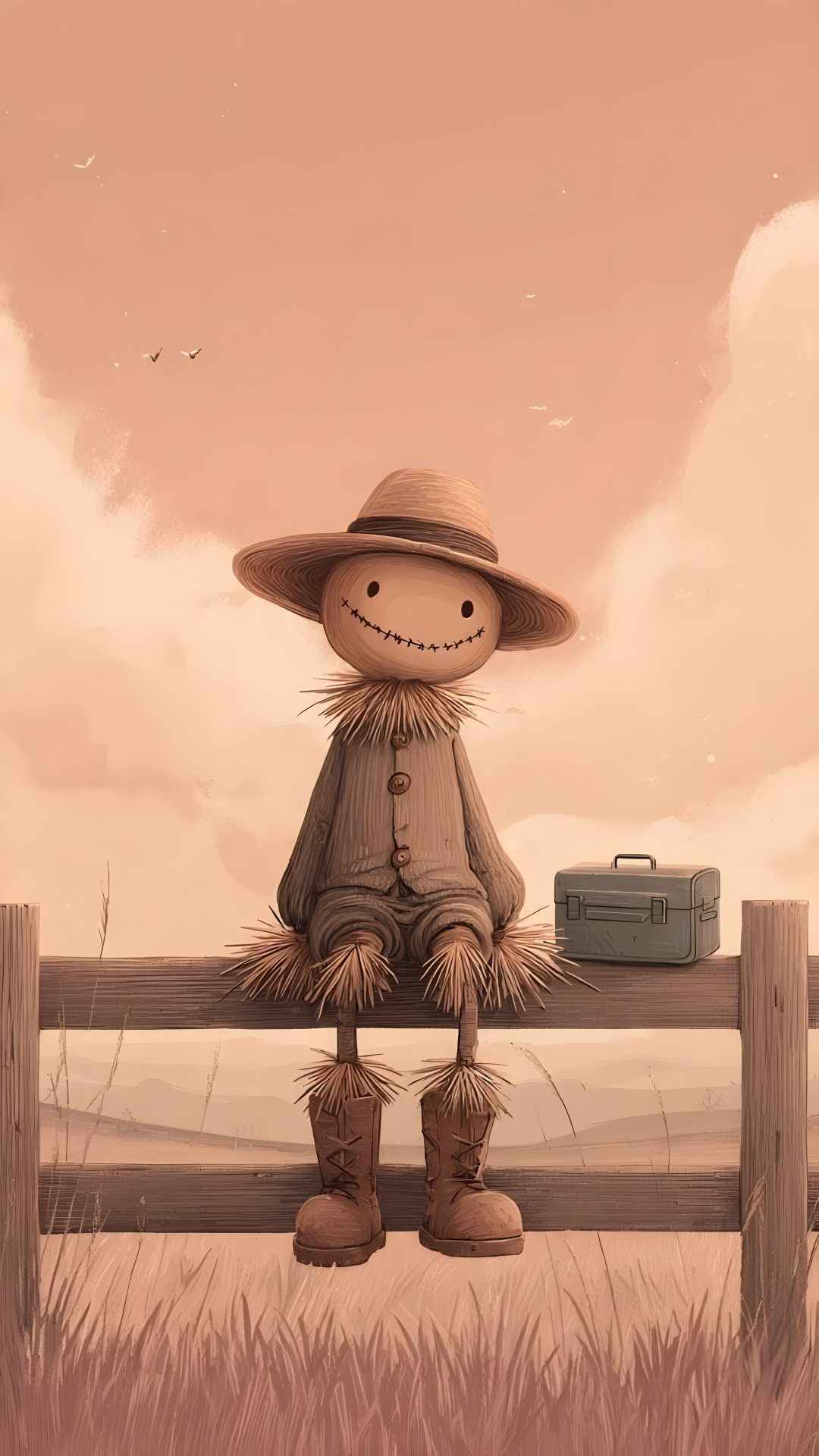 a scarecrow sitting on a fence with a suitcase in his hand and wearing a hat Halloween Scarecrow dark salmon