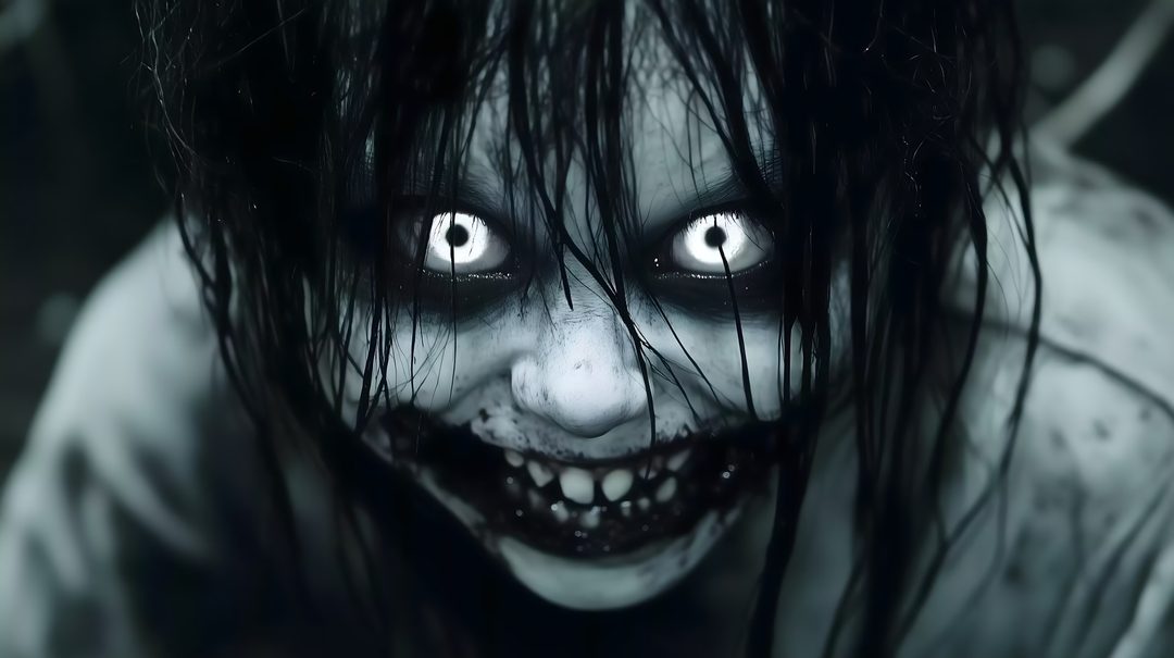 a creepy looking woman with white eyes and black hair Terrifying Halloween black