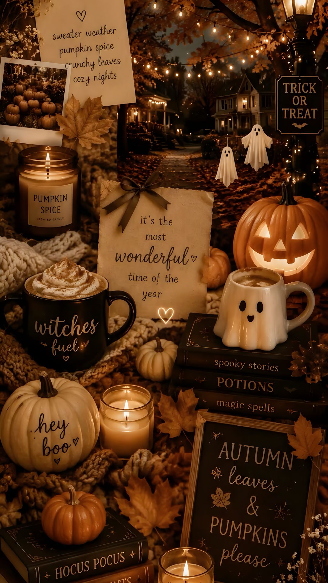a table topped with pumpkins and candles next to cards that read, witches brew Halloween Vibes maroon