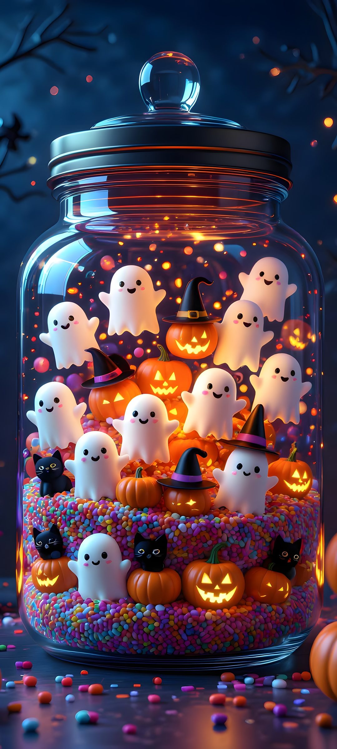 a glass jar filled with lots of halloween decorations 3d Iphone Halloween dark slate gray