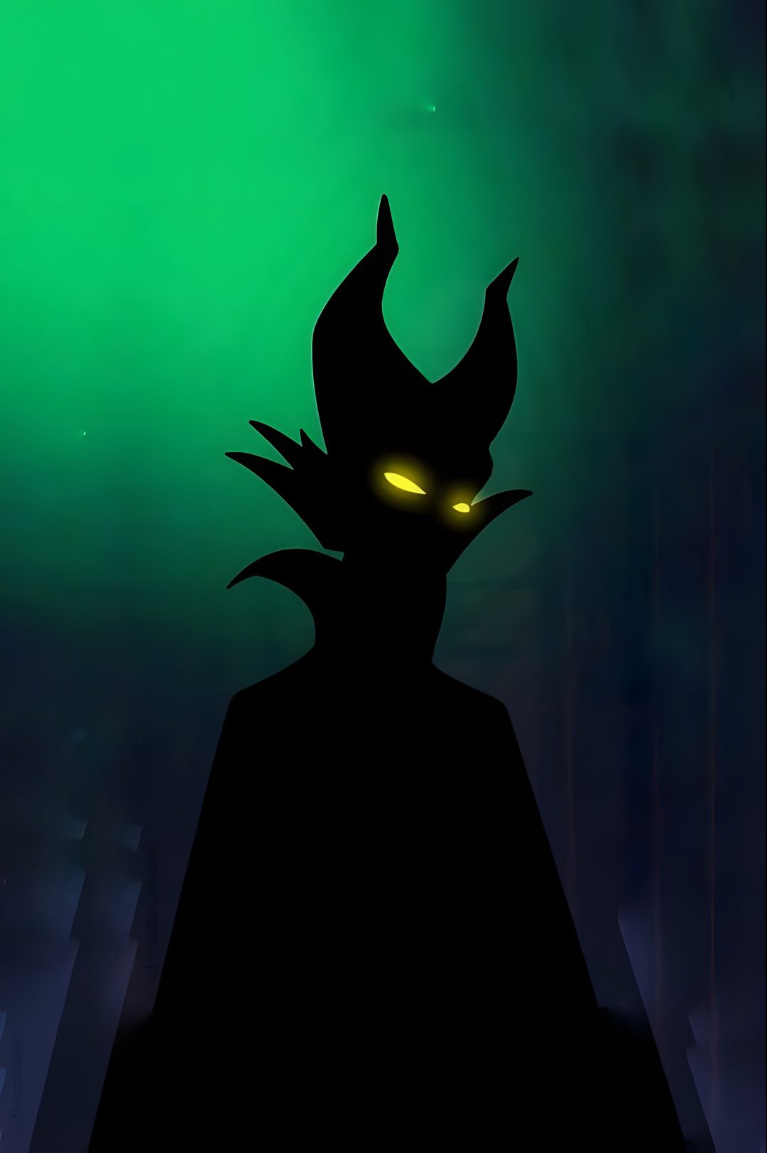 the silhouette of a demon with glowing eyes in front of green and black background, Halloween Villains black