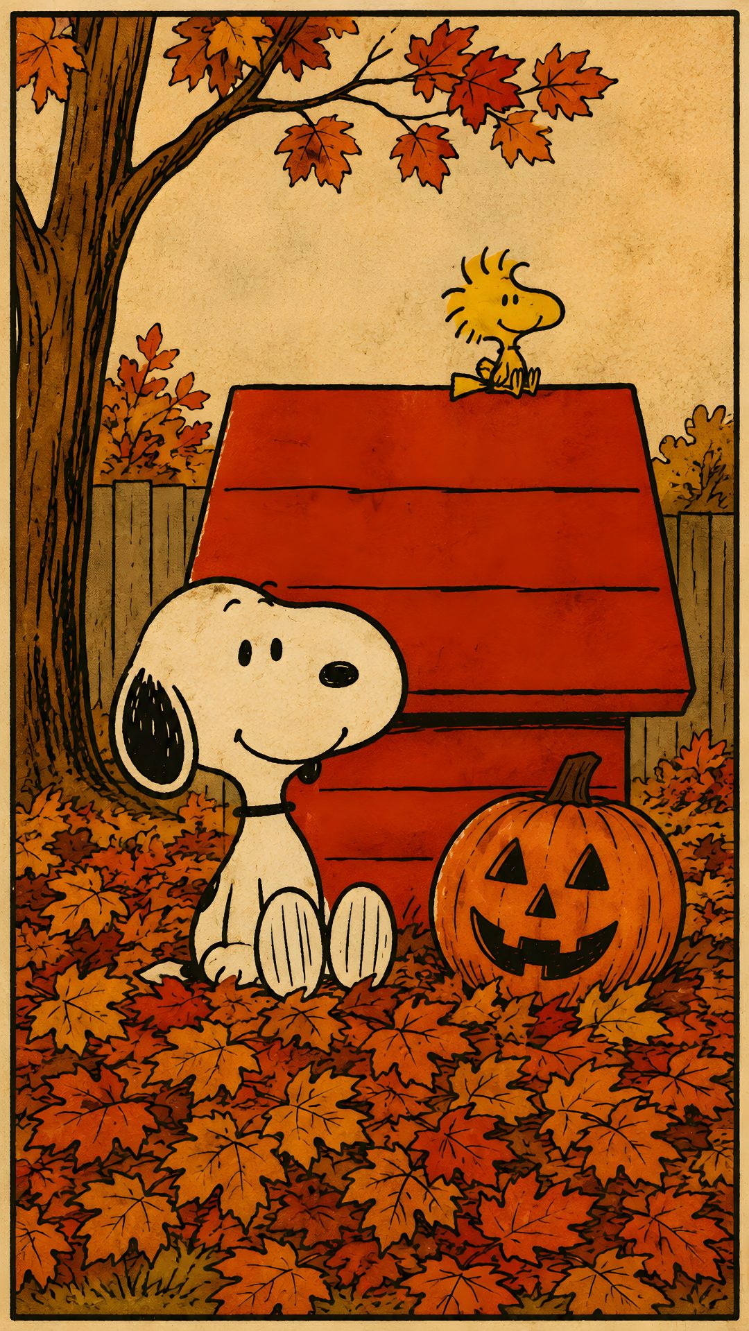 a charlie brown pumpkin sitting next to a dog house Peanuts Halloween saddle brown