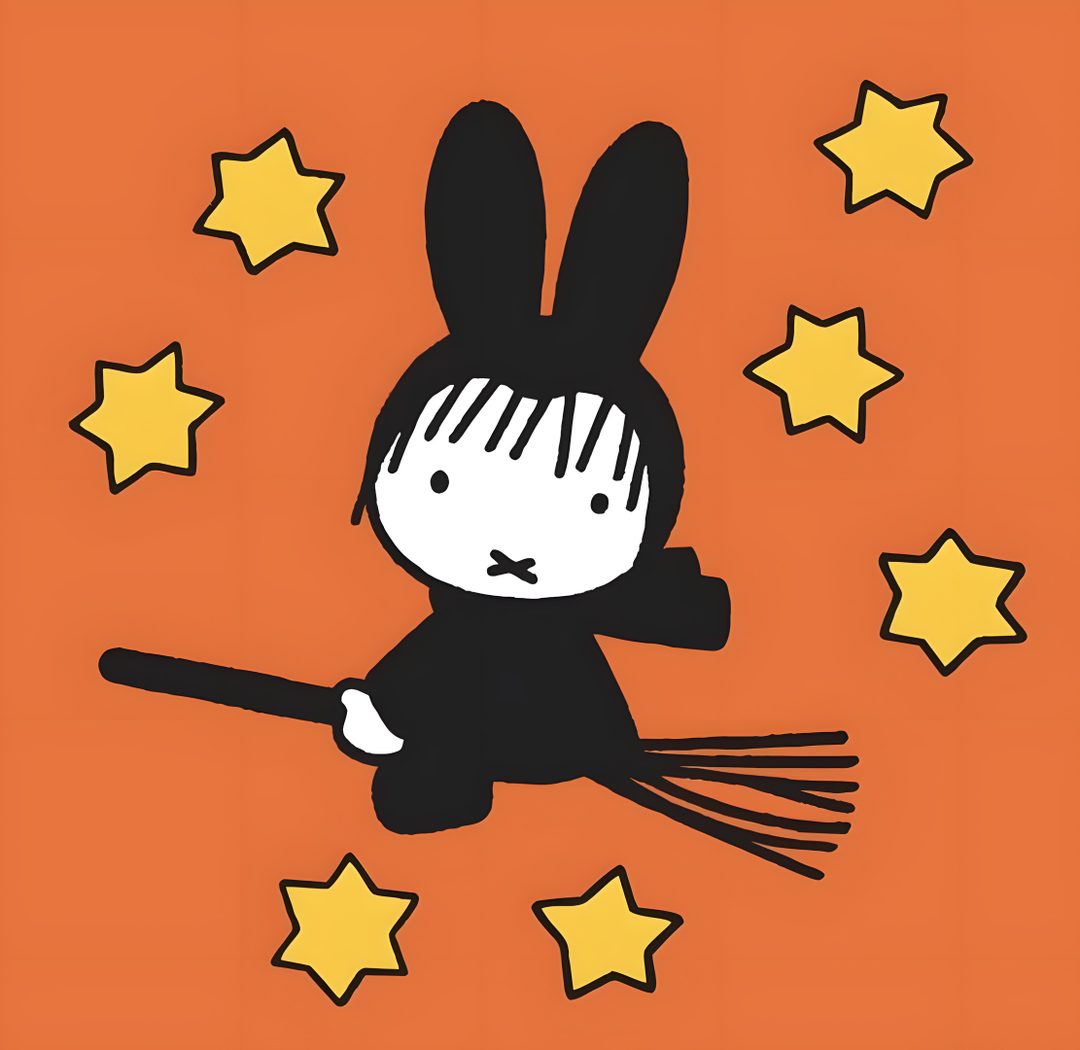 a cartoon rabbit flying through the air with stars in the sky behind it on an orange background Miffy Halloween chocolate
