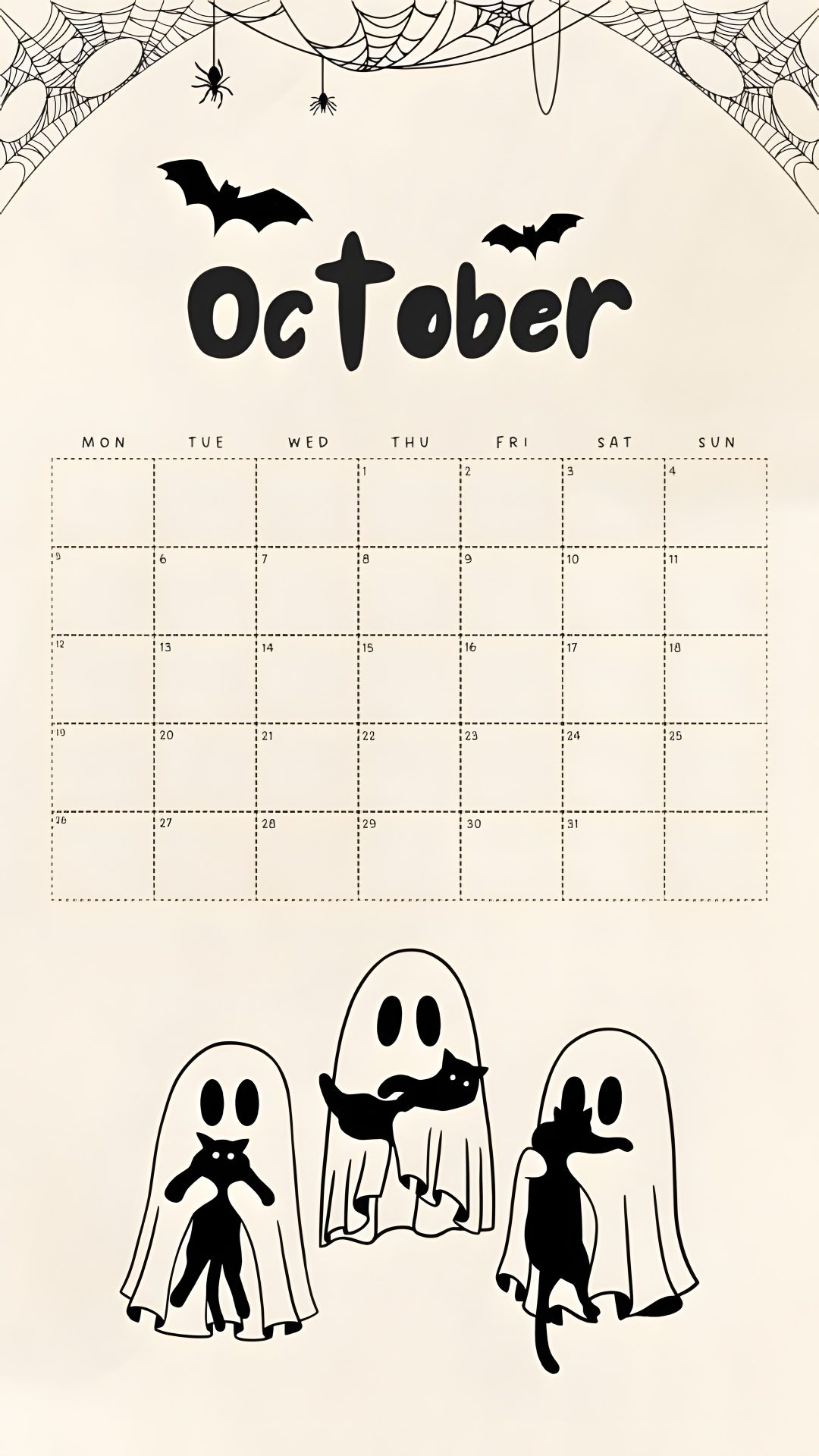 a calendar with three ghost characters on it and the words october written in black ink Halloween Calendar linen