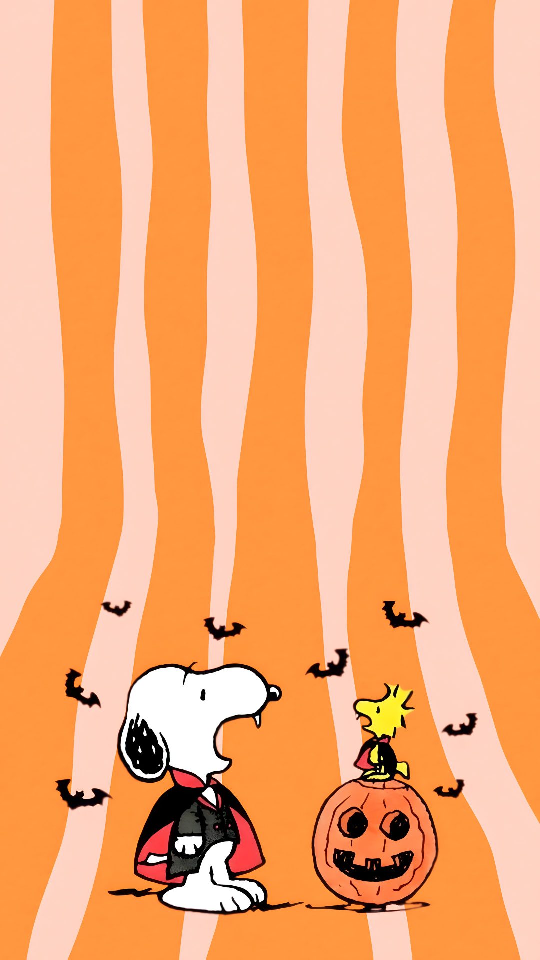 snoop and his pumpkin are in the middle of an orange striped background with black birds flying around Halloween Snoopy sandy brown