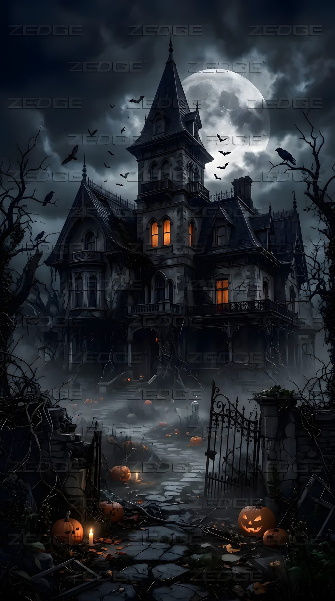 a creepy house with pumpkins in the yard Halloween Halloween Haunted House black