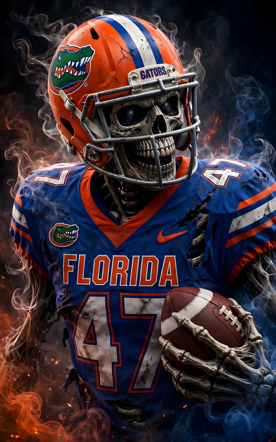 a football player wearing a helmet and holding a ball in front of a fire filled background Cool Halloween Football black