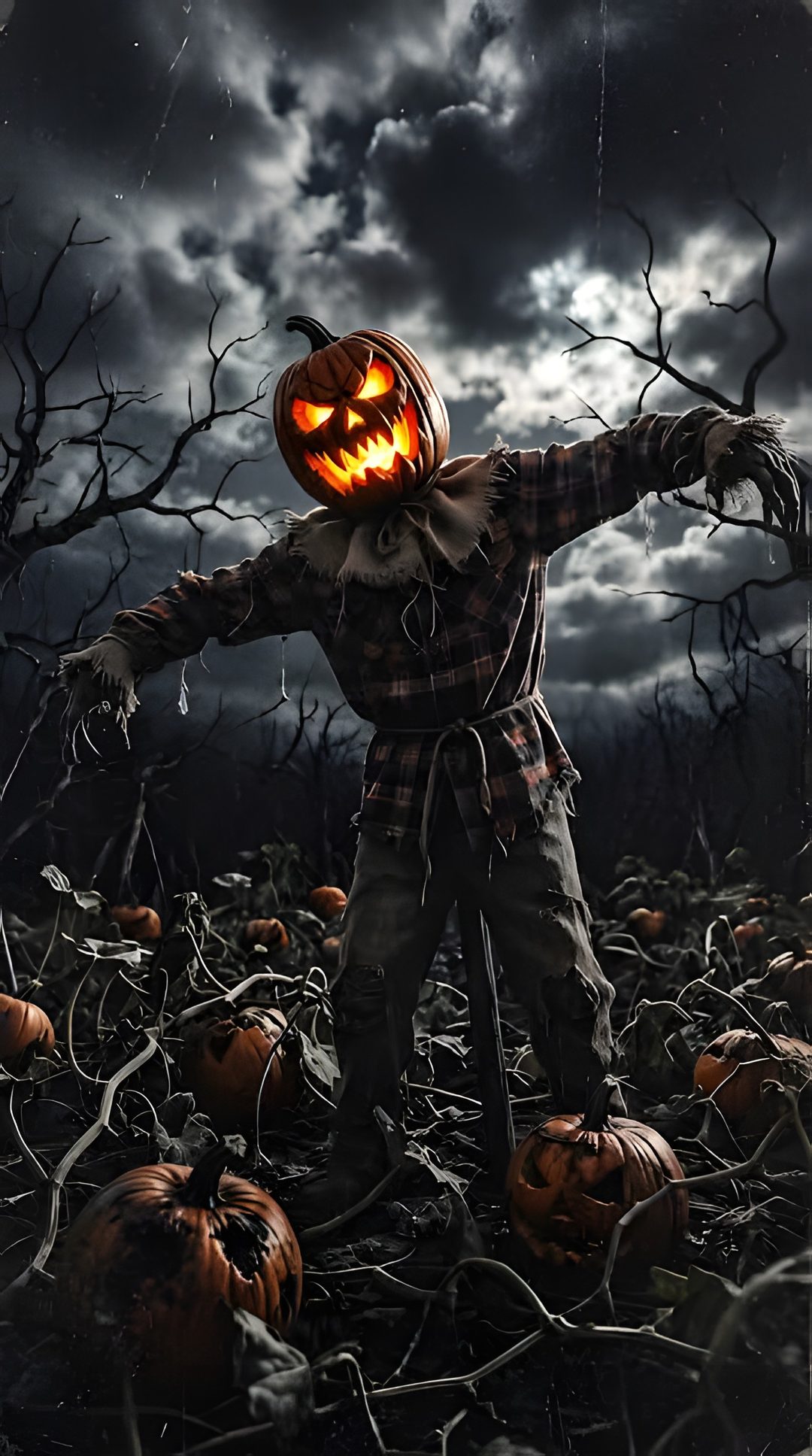 a creepy scarecrow standing in a field with pumpkins Halloween Scarecrow black