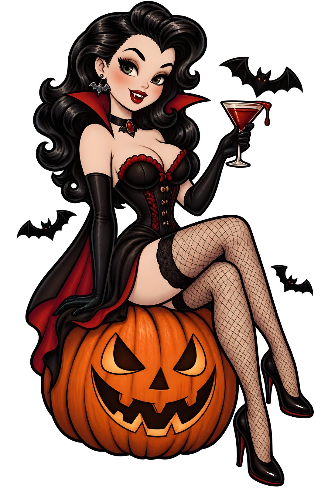 a woman dressed as a vampire sitting on top of a pumpkin with a glass in her hand Halloween Pinup Art burlywood