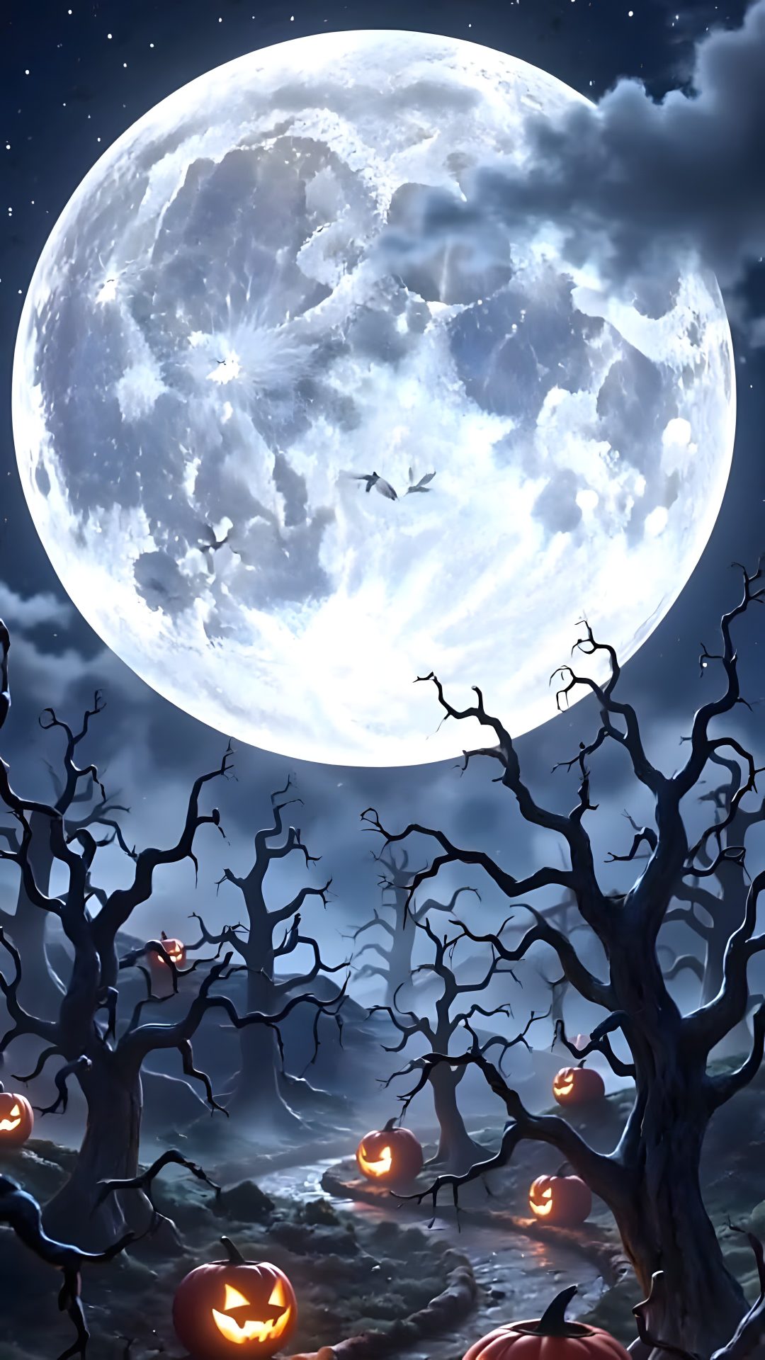 a full moon is in the sky above some trees and pumpkins Full Moon Halloween Halloween Moon, Moon, Halloween, slate gray
