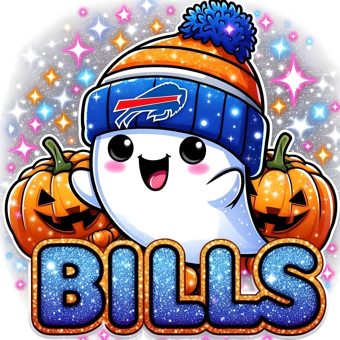 a cartoon character wearing a beanie and pumpkins with the words bills on it Buffalo Bills Halloween dark gray