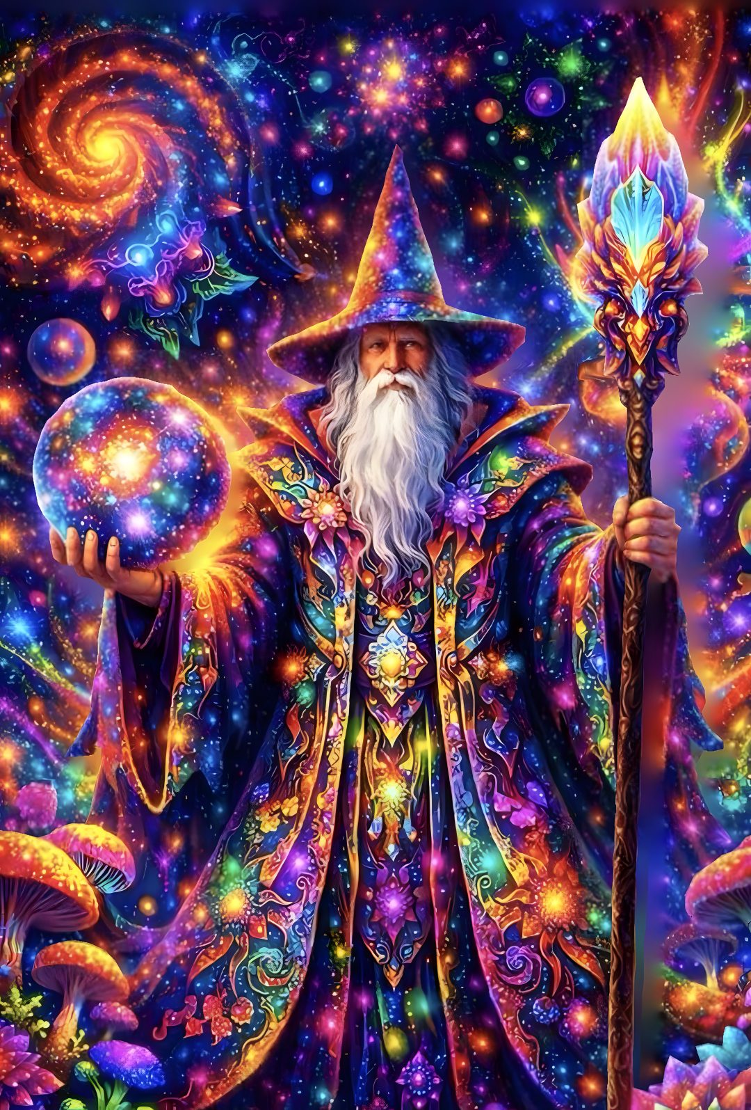a wizard holding a wand in his hand and surrounded by colorful flowers, stars and swirls Merlin Wizard Halloween Rainbow Purple Wizard, Neon, Rainbow, Cloak, dark slate gray
