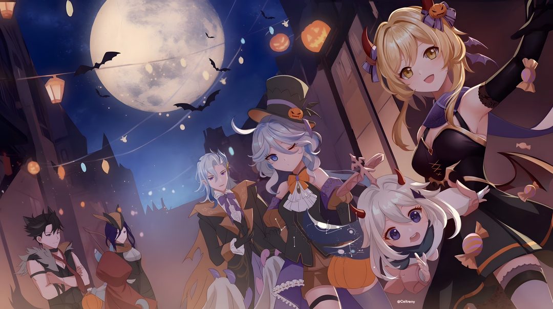 some anime characters standing in front of a full moon with bats and lanterns on the night sky Genshin Impact Halloween Fan Art, dark slate gray