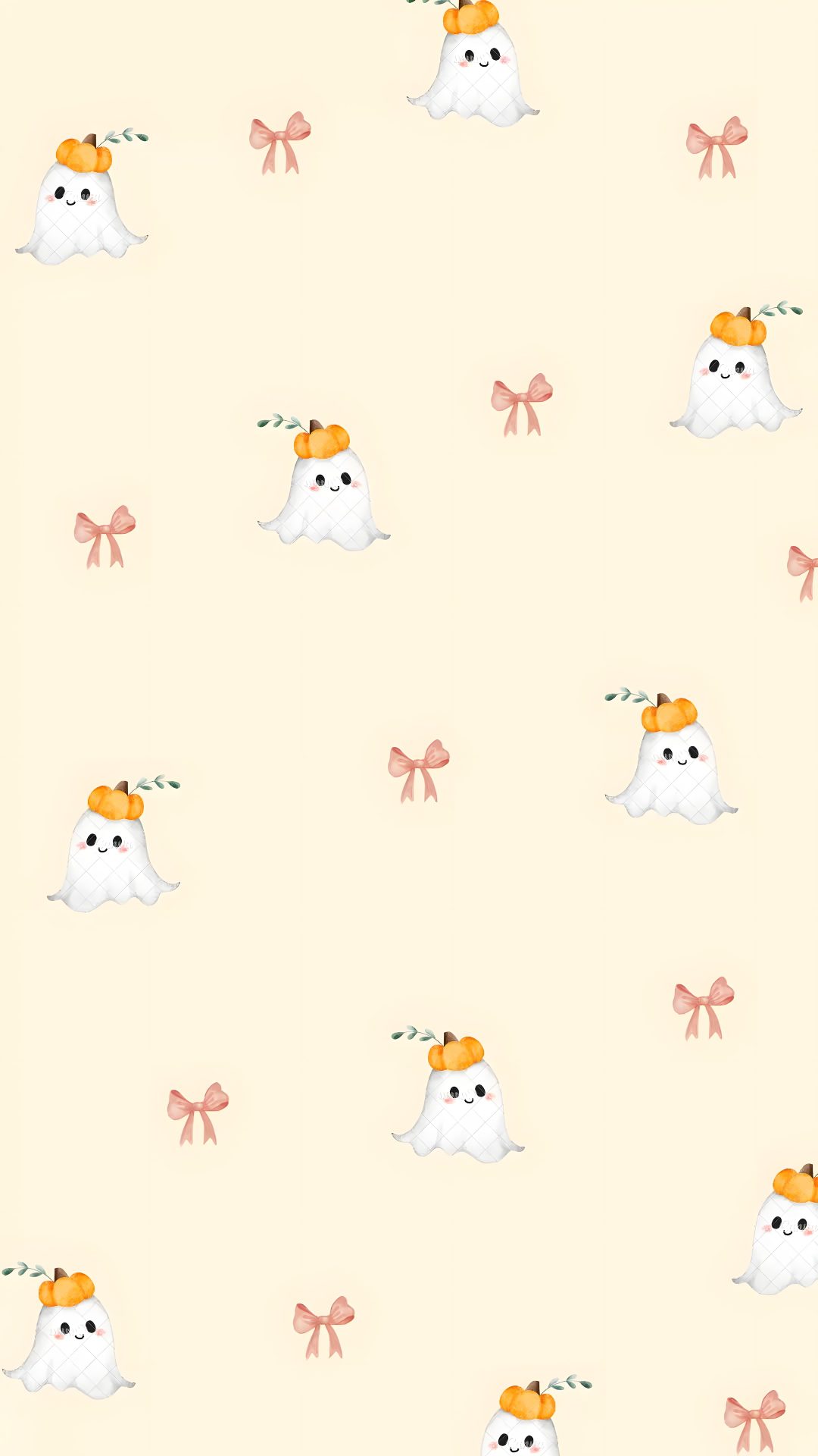 a wallpaper with small white ghost and bows on it's head, as well as an orange bow Halloween Bow Iphone cornsilk