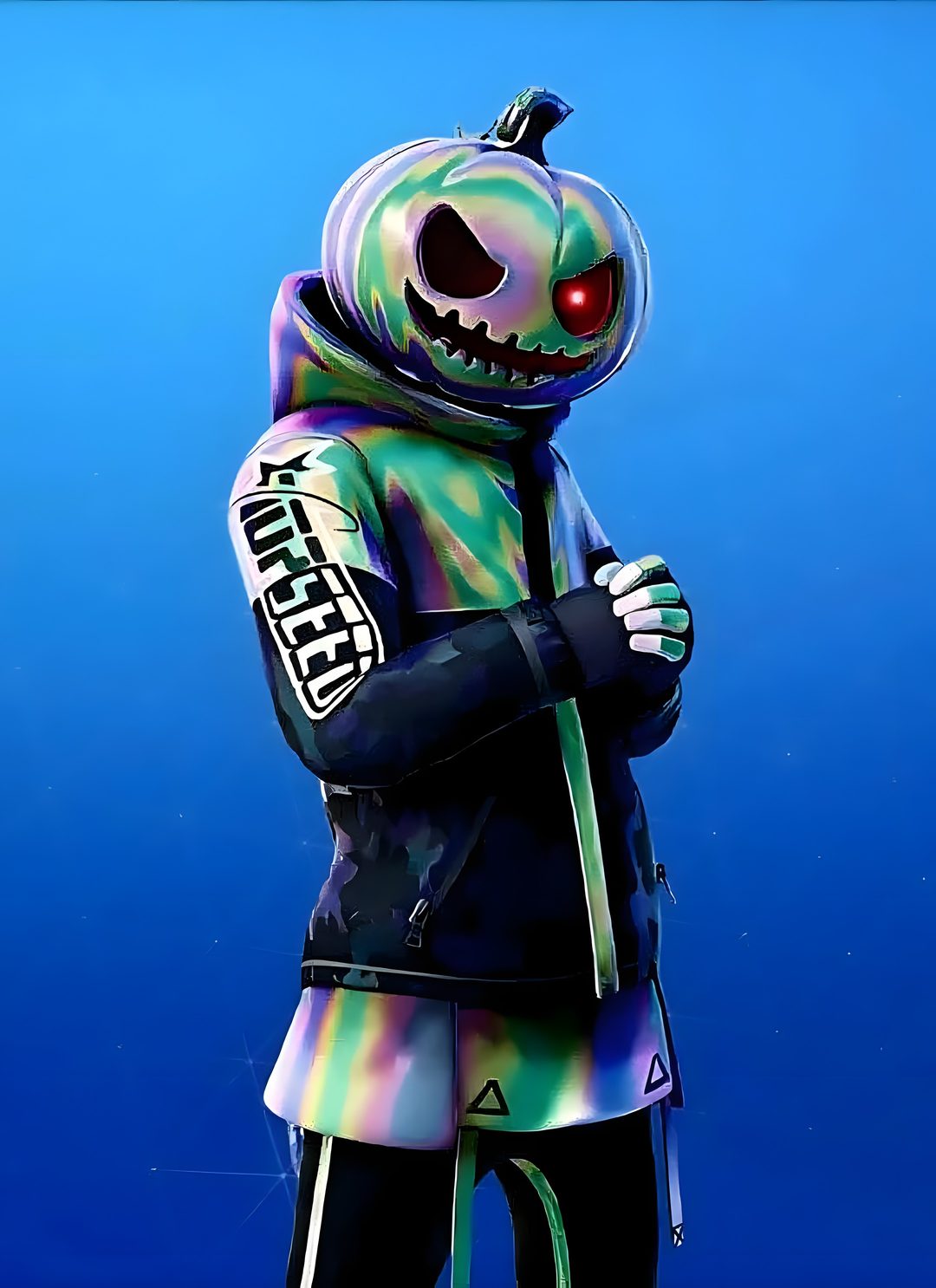 an animated character wearing a colorful suit and holding his arms crossed in front of him Halloween Fortnite steel blue
