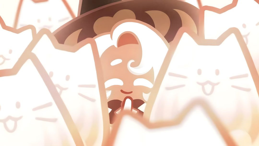 an animated image of a cat with a hat on its head and other cats behind it Crk Halloween Latte Cookie, Cookie Run, Fan Art, Memes, seashell